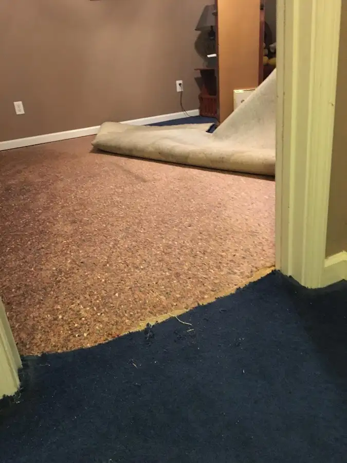 Carpet pad removal revealing water damage during Water Mitigation Services in Sanger